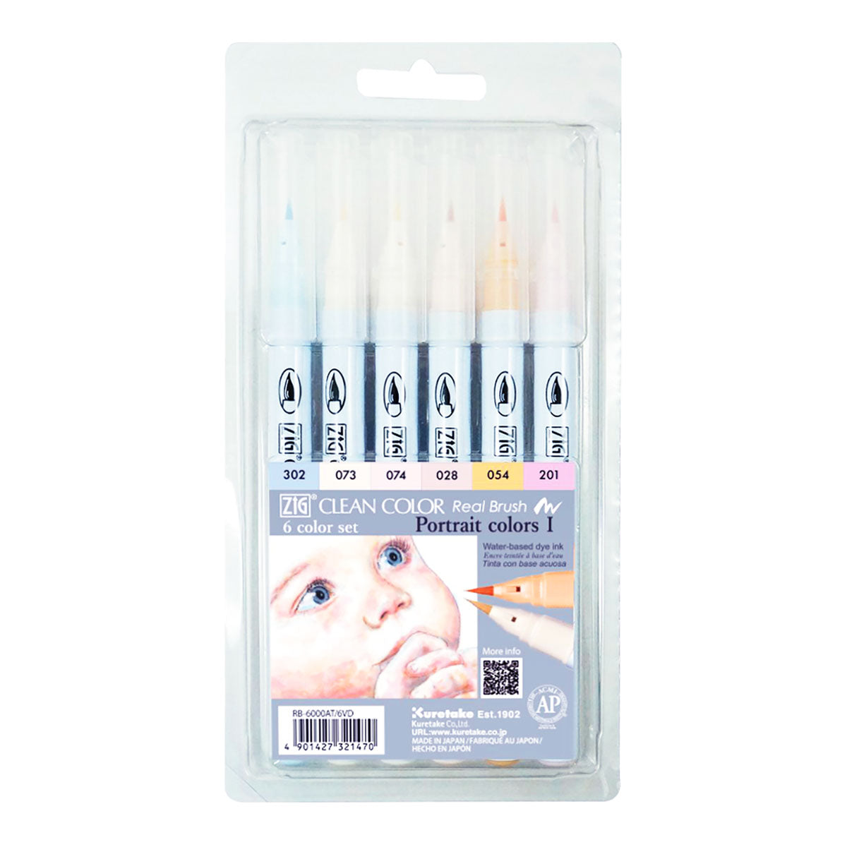 ZIG Kuretake Clean Color Real Brush Pen 6 Set Portrait Colors