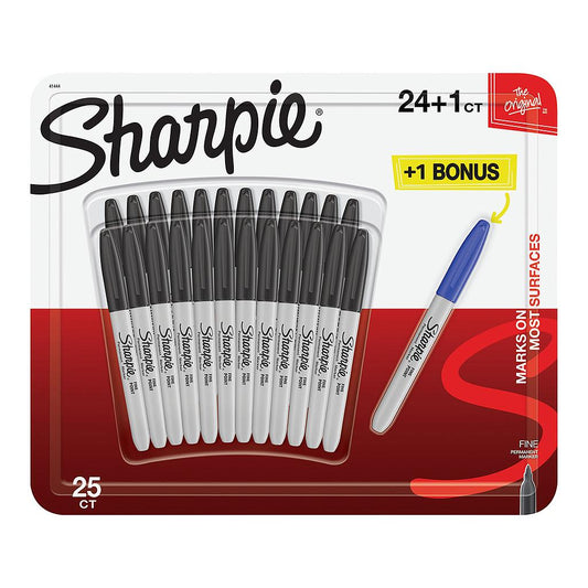 Sharpie Permanent Marker Fine Point Black 24 Set + 1 Blue